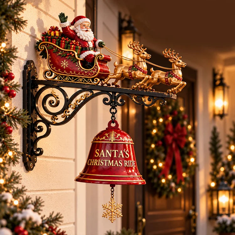 Santa Sleigh & Reindeer Christmas Bell Wall Decor – 3D Holiday Hanging Display