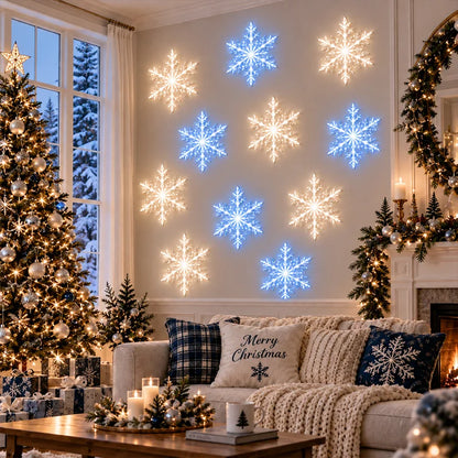 12-Piece LED Snowflake Wall Lights – White & Blue Christmas Decor