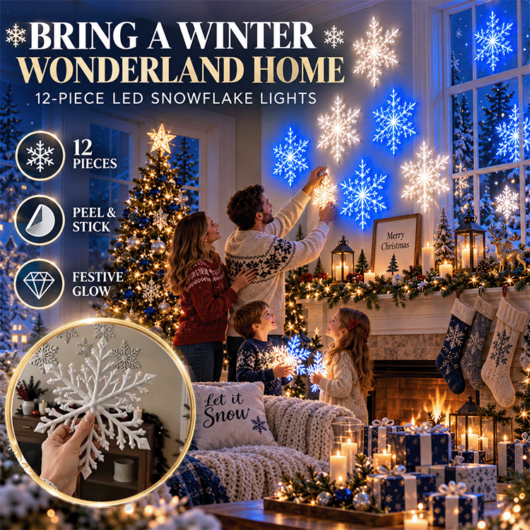 12-Piece LED Snowflake Wall Lights – White & Blue Christmas Decor