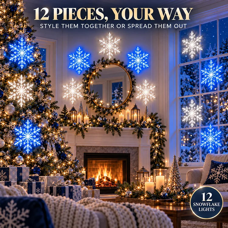 12-Piece LED Snowflake Wall Lights – White & Blue Christmas Decor