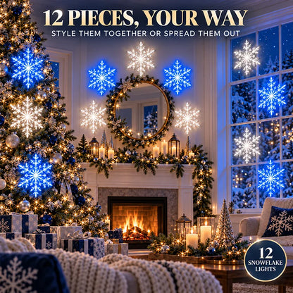 12-Piece LED Snowflake Wall Lights – White & Blue Christmas Decor