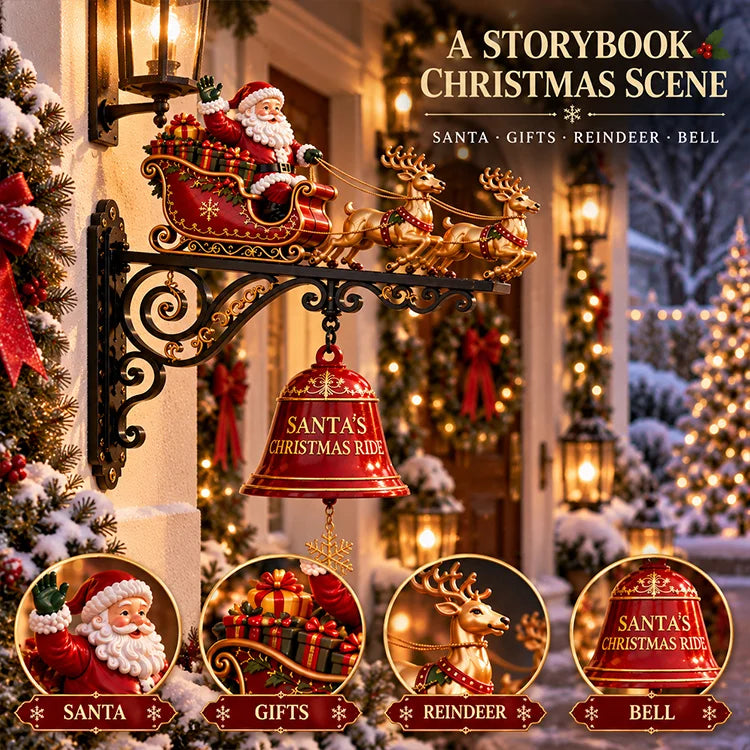 Santa Sleigh & Reindeer Christmas Bell Wall Decor – 3D Holiday Hanging Display