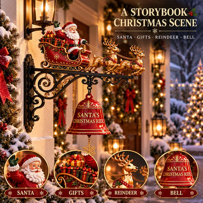 Santa Sleigh & Reindeer Christmas Bell Wall Decor – 3D Holiday Hanging Display