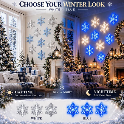 12-Piece LED Snowflake Wall Lights – White & Blue Christmas Decor